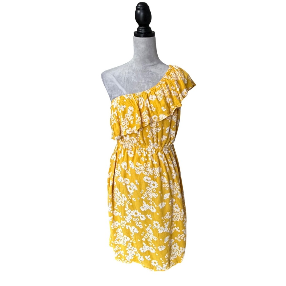 Old Navy Womens One Shoulder Floral Ruffle Mini Dress Mustard Yellow Size M